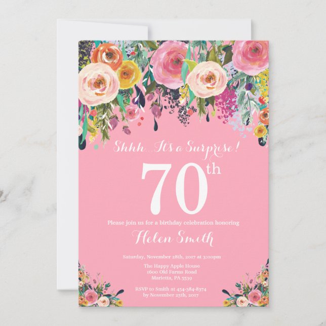 Pink Floral Surprise 70e anniversaire Invitation (Devant)