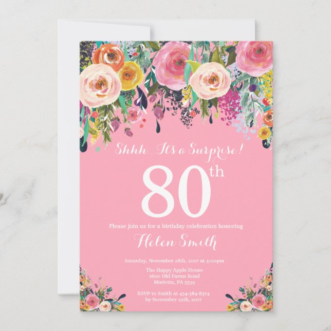 Pink Floral Surprise 80e anniversaire Invitation (Devant)