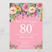 Pink Floral Surprise 80e anniversaire Invitation