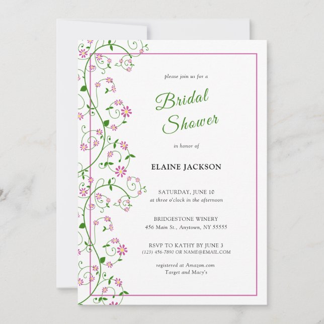 Pink Floral Vine Douche Invitation Carte Plat (Devant)