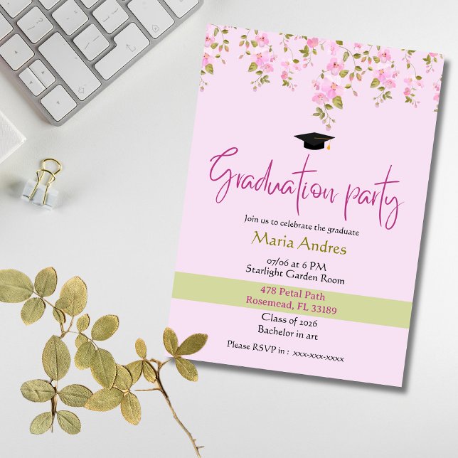 Pink Floral Watercolor Graduation Party Invitation (Créateur téléchargé)
