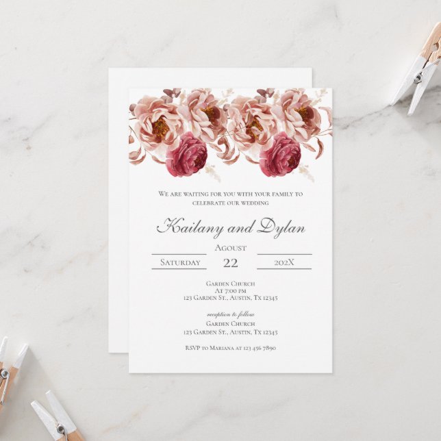 Pink Floral Wedding invitation (Devant/Arrière en situation)
