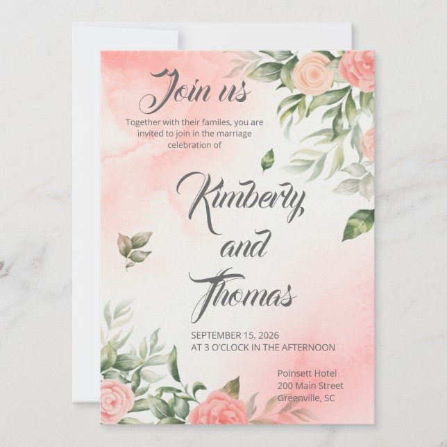 Pink Floral Wedding Invitation - Elegant (Devant)