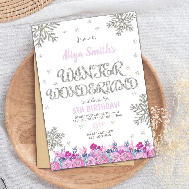 Pink Floral Winter Wonderland Invitations d'annive (Pink Floral Winter Wonderland Birthday Invitations)