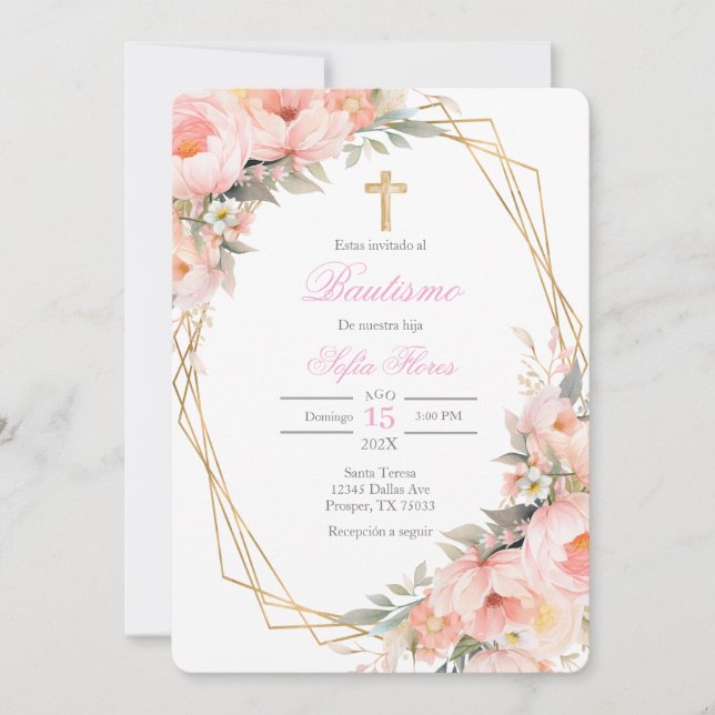 Pink flower bouquet Baptism in Spanish Invitation (Devant)