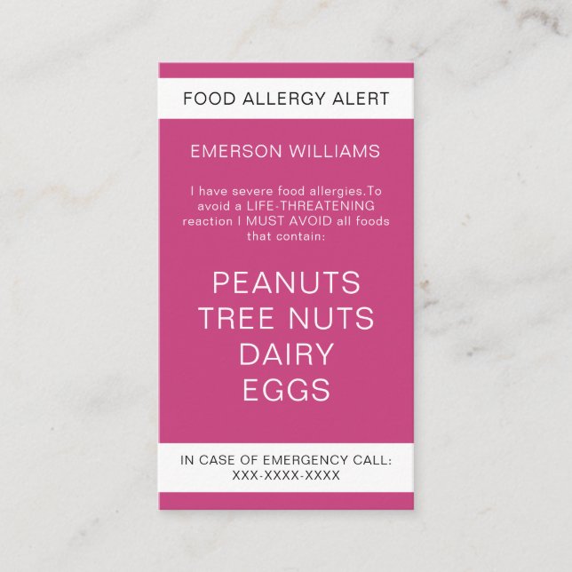 Pink Food Allergy Alert Carte Chef personnalisée (Devant)