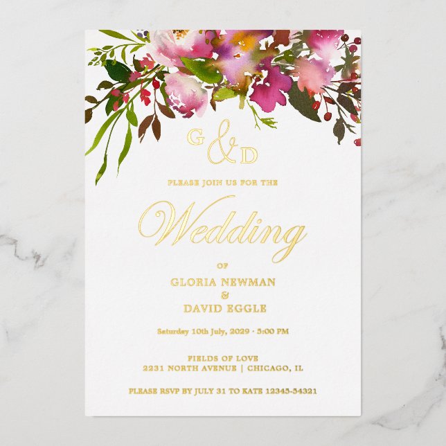 Pink Fuchsia  Wedding   Real Gold Foil Invitation (Recto)