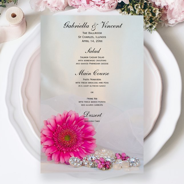 Pink Gerber Daisy and Diamond Buttons Wedding Menu (Créateur téléchargé)