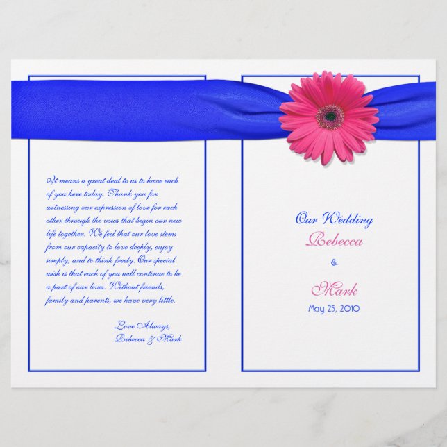 Pink Gerber Daisy Blue Ribbon Wedding Programme (Devant)