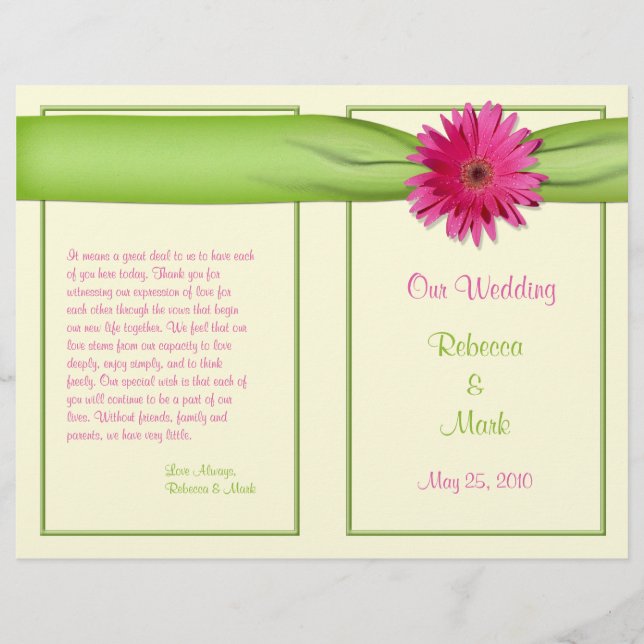 Pink Gerbera Daisy Green Ribbon Wedding Programme (Devant)