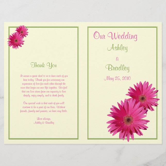 Pink Gerbera Daisy Programme de mariage vert (Devant)