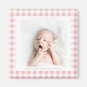Pink Gingham Check Baby Birthdate Magnet