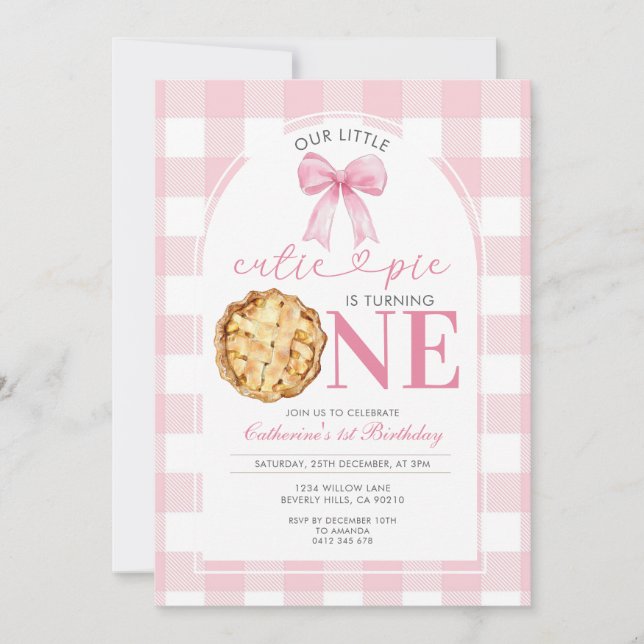 Pink Gingham Cutie Pie First Birthday Invitation (Devant)