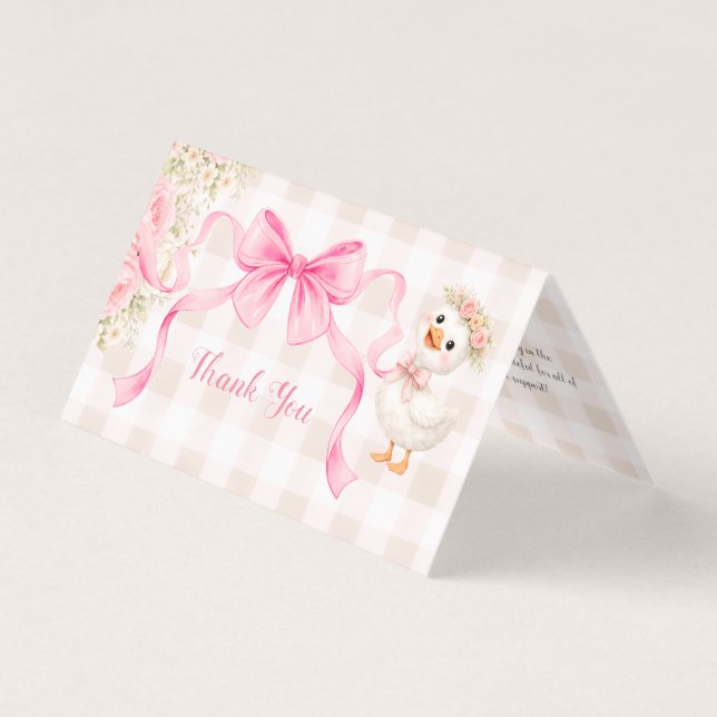 Pink Gingham Goose Baby Shower Folded Thank You  (Front)