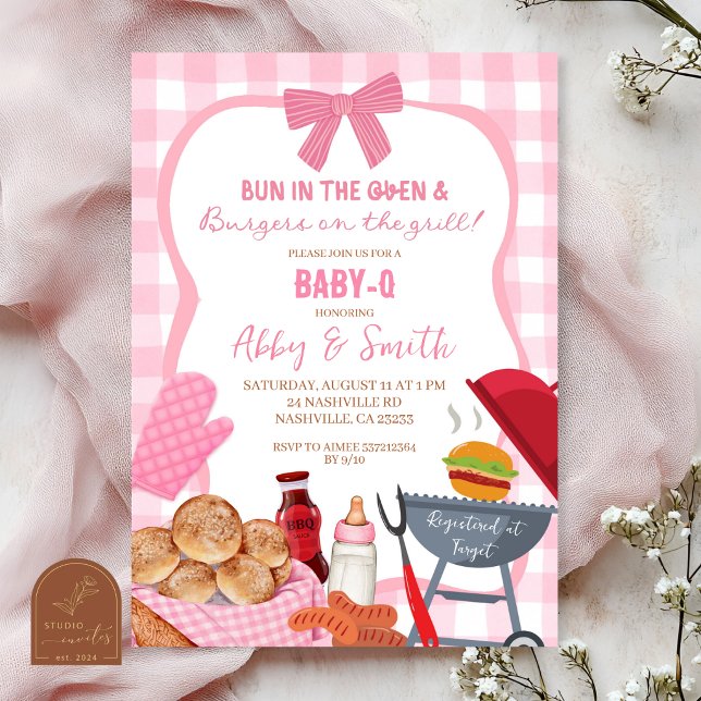 Pink Gingham Plaid BabyQ baby shower Invitation (Créateur téléchargé)