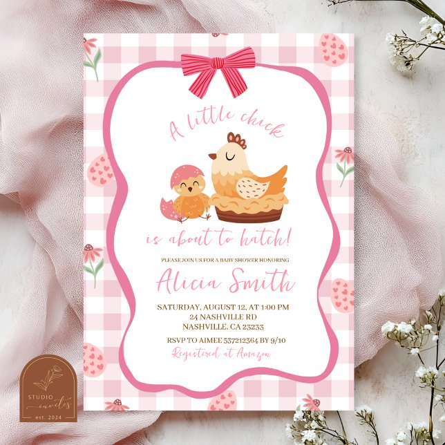 Pink Gingham Plaid Chick Baby Shower Invitation (Créateur téléchargé)