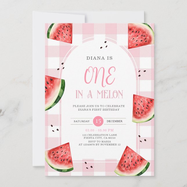 Pink Gingham Watermelon First Birthday Invitation (Devant)