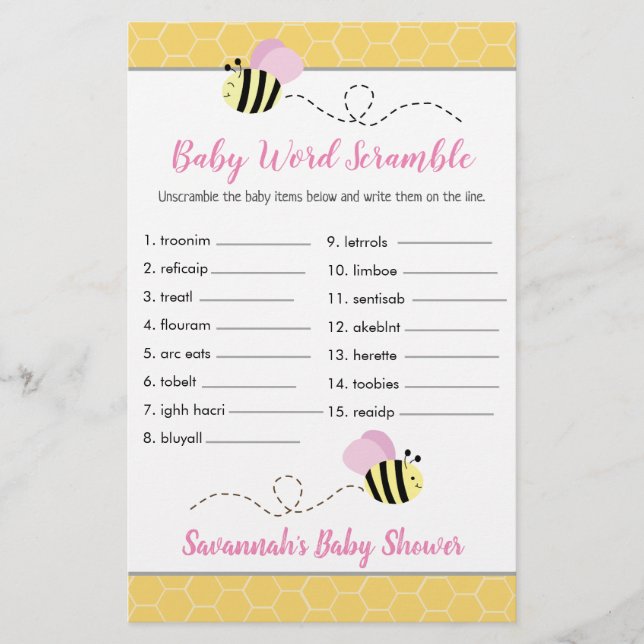 Pink Girl Bee Baby shower Baby Word Scramble Jeu (Devant)