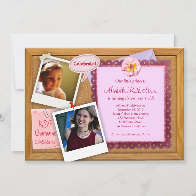 Pink Girl Corkboard Creative Birthday Invitation (Devant)