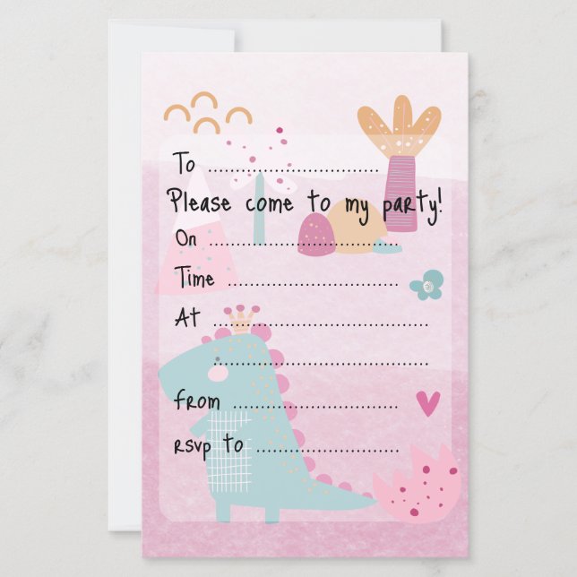 Pink Girl Dino Birthday Party Fill--In Paper Sheet (Devant)