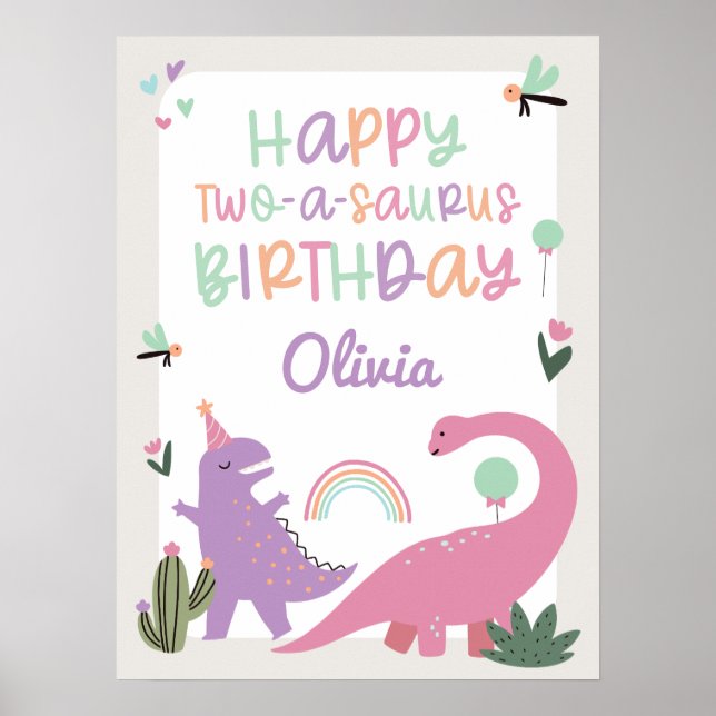 Pink Girl Dinosaur 2e Anniversaire Poster (Devant)