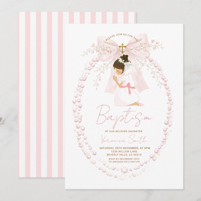 Pink Girl Pearls Bow Baptism Invitation (Devant / Derrière)