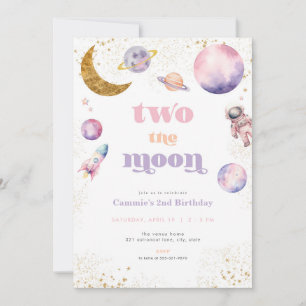 Pink Girl Two the Moon Anniversaire Invitation