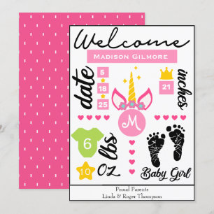 Pink Girls Unicorn Birth Stats Faire-part