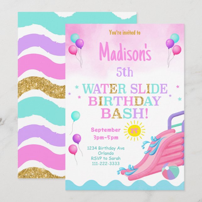 Pink Girls Waterslide Anniversaire Bash Invitation (Devant / Derrière)