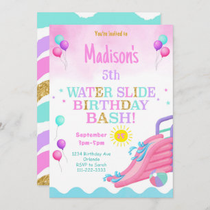Pink Girls Waterslide Anniversaire Bash Invitation