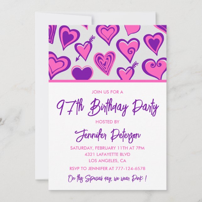 Pink Glam Heart Motif invitations à l'anniversaire (Devant)