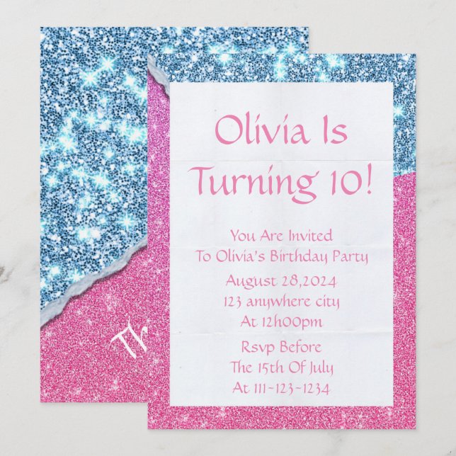 PINK GLITTER GIRL BIRTHDAY INVITATION (Devant / Derrière)