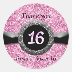 Pink Glitter Sweet 16 Birthday Party Favor Sticker