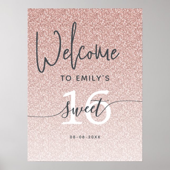 Pink Glitter Sweet 16 Welcome Sign Poster (Devant)