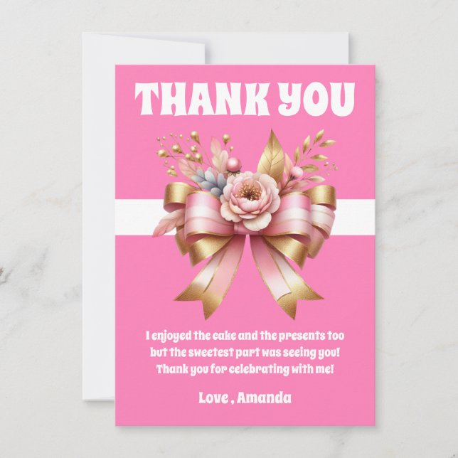 Pink Gold Bow premier anniversaire Carte de remerc (Devant)