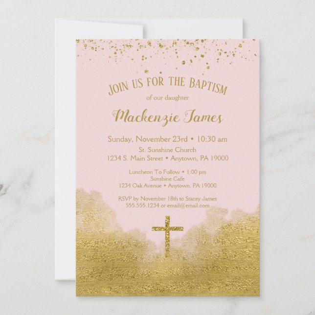 Pink Gold Confetti Baptême Invitation Girl (Devant)