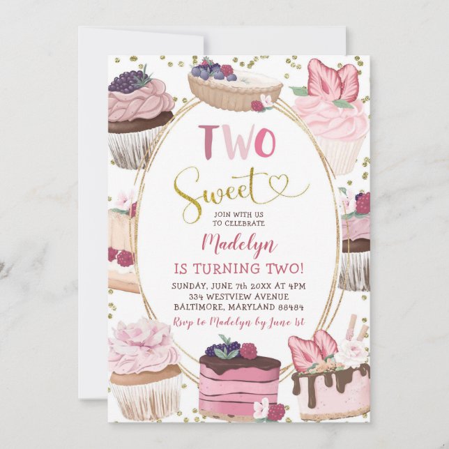 Pink Gold Cupcake Deux Invitation doux 2e annivers (Devant)