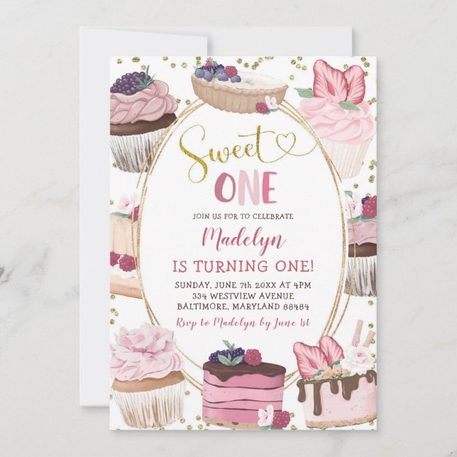 Pink Gold Cupcake Sweet Un Anniversaire Invitation (Devant)