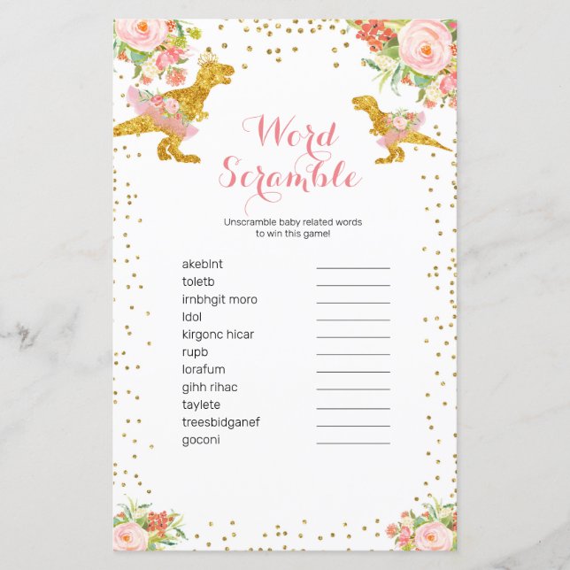 Pink Gold Dino Girl Aquarelle Word Scramble Jeu (Devant)