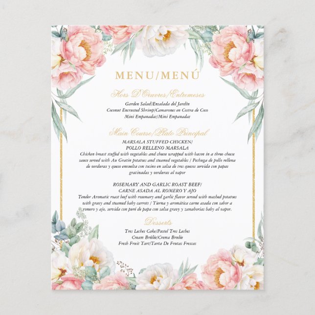 Pink & Gold Elegant Bilingue Quinceañera Menu (Devant)