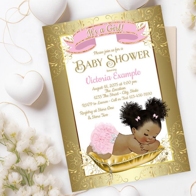 Pink Gold Ethnic Girl Baby Shower Invitations (Adorable baby pink gold baby shower invitation with sweet sleeping baby girl. )