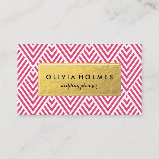 Pink & Gold Faux Foil Carte de visite Chevron (Devant)