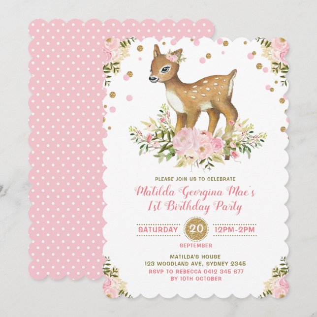 Pink Gold Floral Deer Invitation premier anniversa (Devant / Derrière)