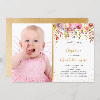 Pink Gold floral fille photo Baptême invitation