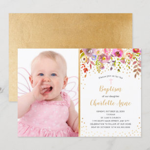 Pink Gold floral girl photo Invitation au baptême