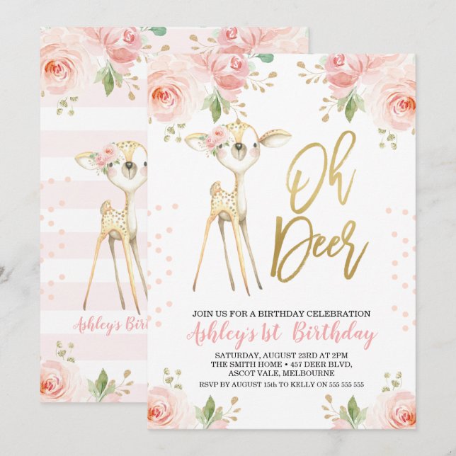 Pink Gold Floral Oh Deer Invitation Anniversaire (Devant / Derrière)