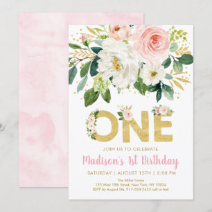 Pink Gold Floral première invitation anniversaire