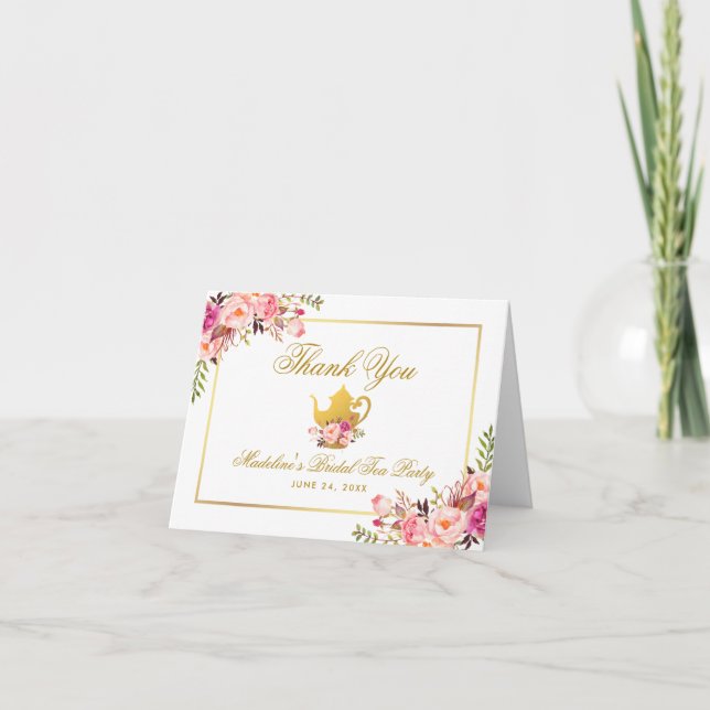Pink Gold Floral Tea Party Merci note (Devant)