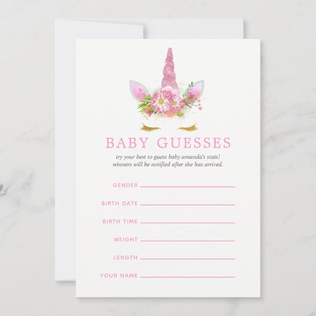 Pink & Gold Floral Unicorn Girl Guesses Baby (Devant)
