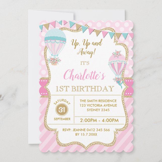 Pink Gold Hot Air Balloon Anniversaire Invitation  (Devant)